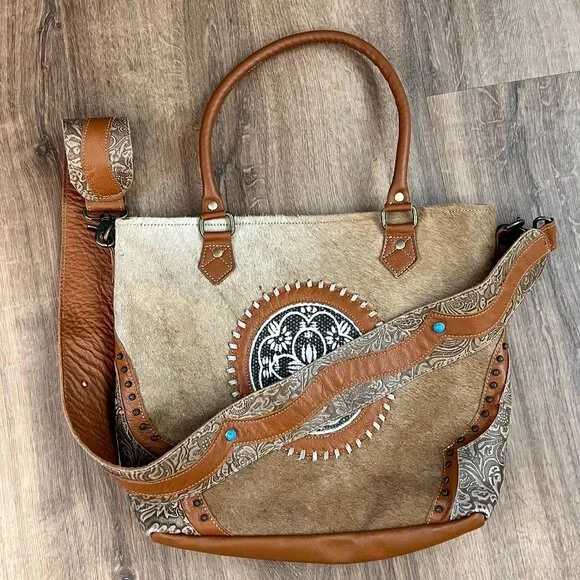 Myra Bag Brown Cow Hide Leather Turquoise Boho Western Large Crossbody Tote - Picture 8 of 14